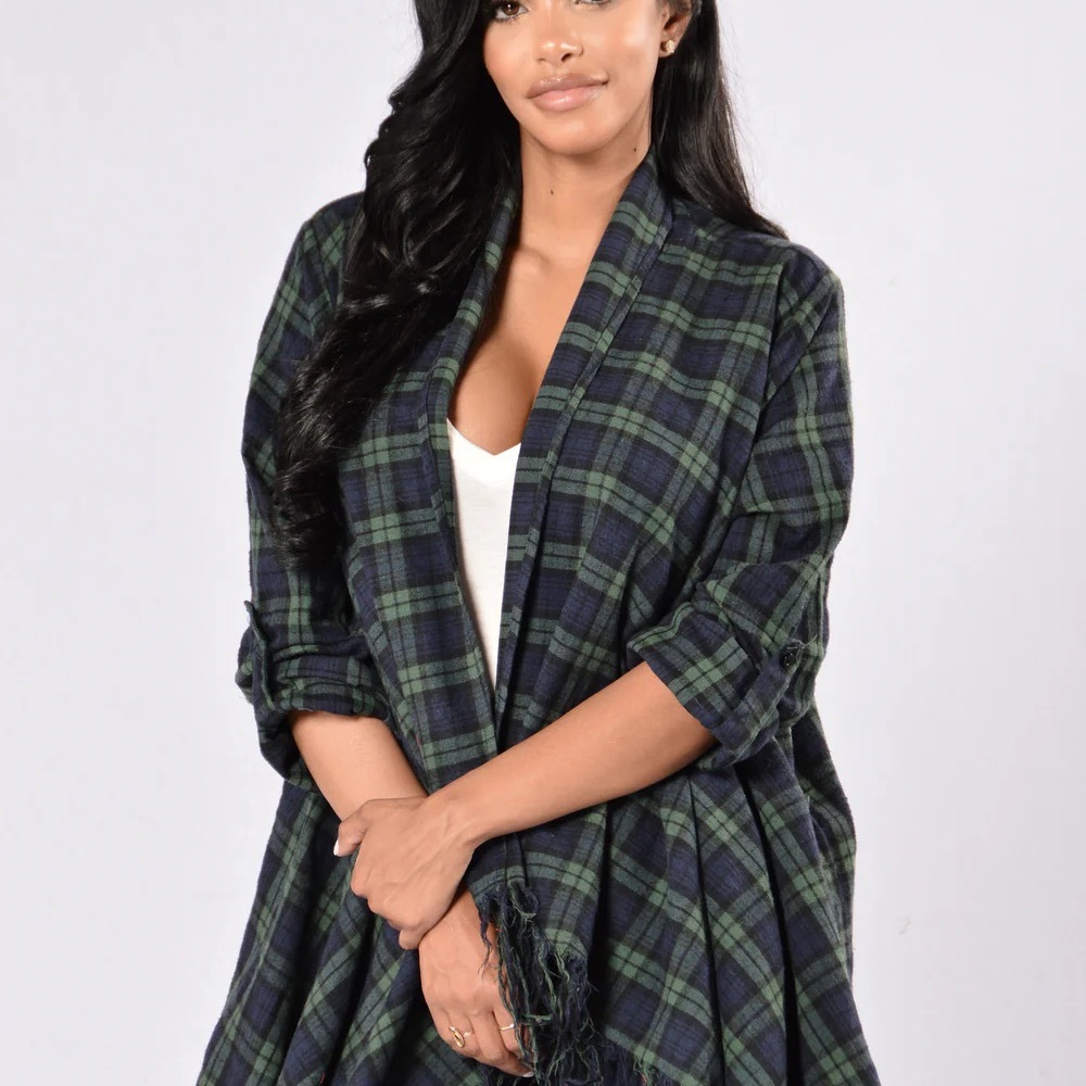 Fashion Nova Navy and Green Plaid Poncho Sweater